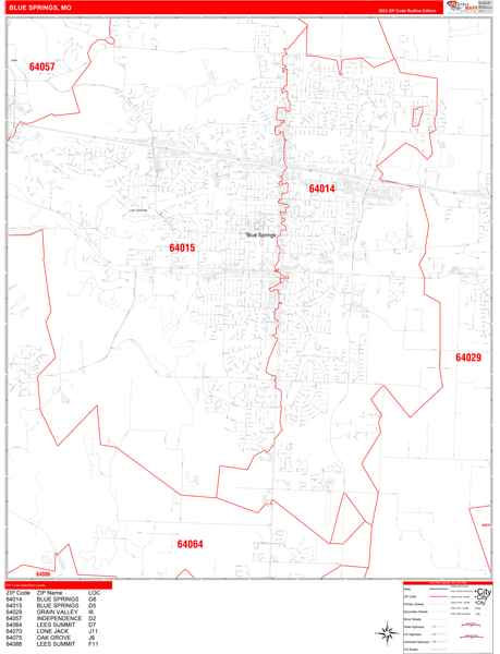 Blue Springs City Digital Map Red Line Style